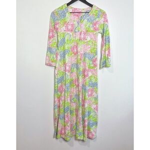 Lilly Pulitzer Animal Crackers 3/4 Sleeve Front Zip Mumu Pink Green Smal…